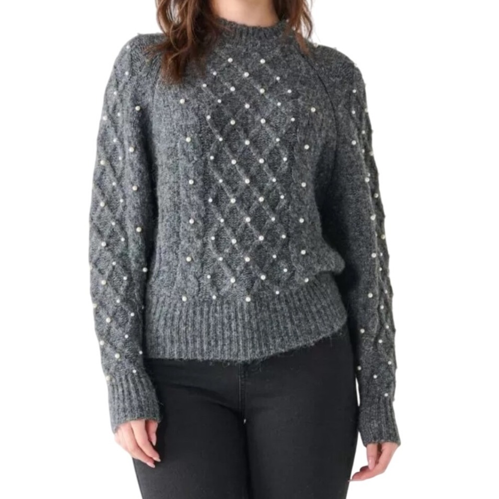 Black Tape Embellished Decor Sweater‎ Crewneck Grey Mix Cable Knit Small